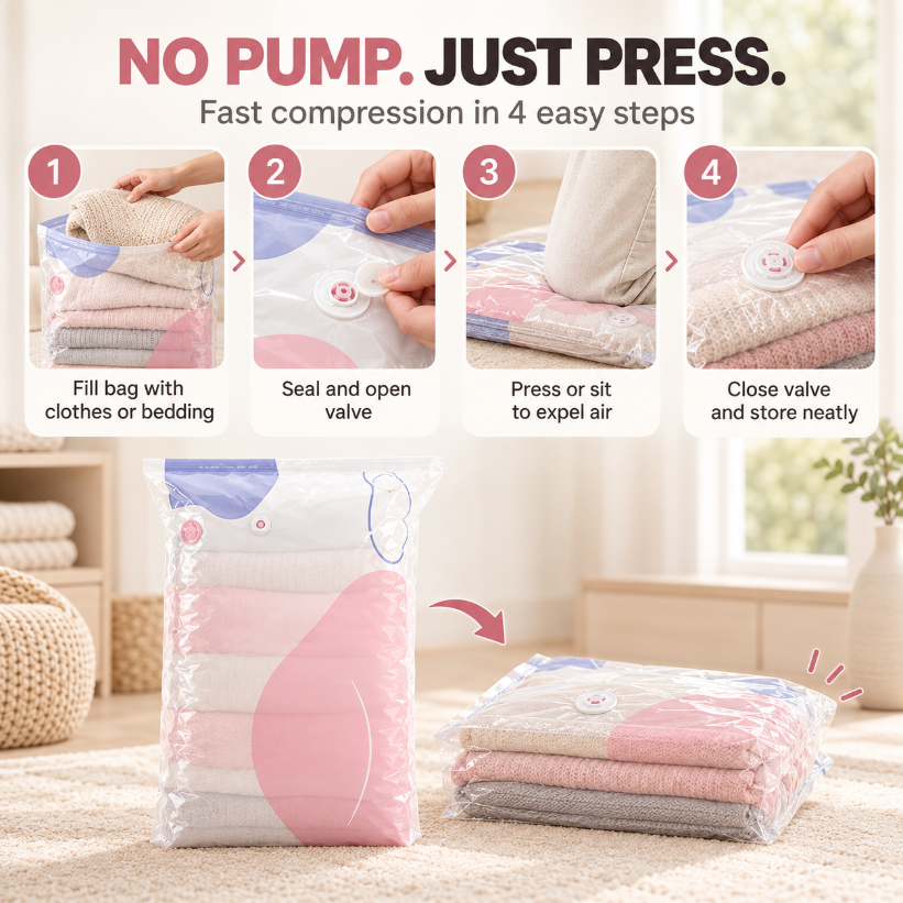 💨 No-Pump Vacuum Storage Bags ✨ Save Space, Store More! 🧺